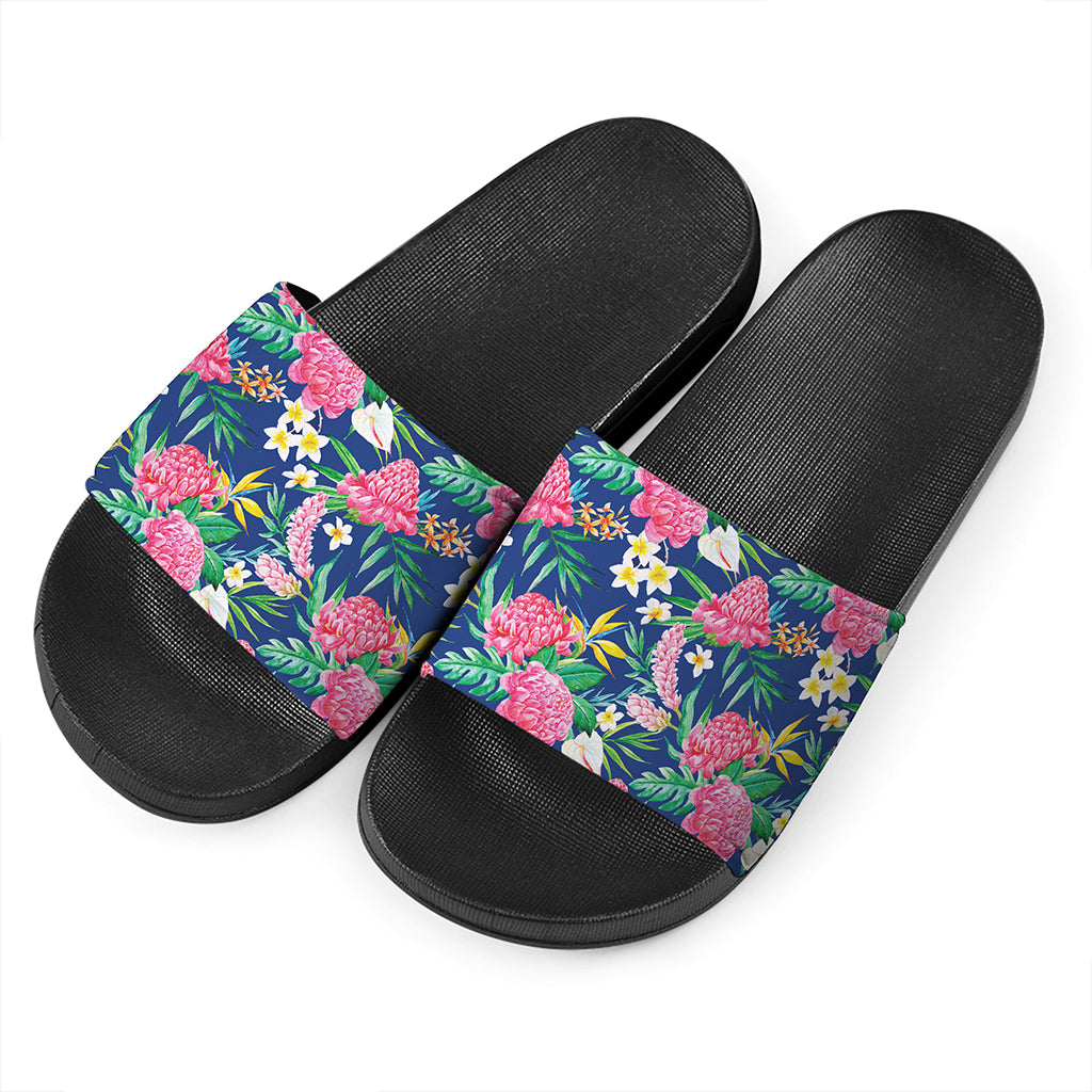 Watercolor Chrysanthemum Pattern Print Black Slide Sandals