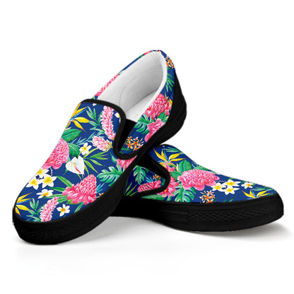 Watercolor Chrysanthemum Pattern Print Black Slip On Shoes