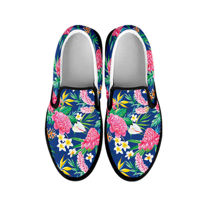 Watercolor Chrysanthemum Pattern Print Black Slip On Shoes