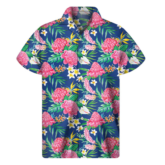 Watercolor Chrysanthemum Pattern Print Men's Short Sleeve Shirt