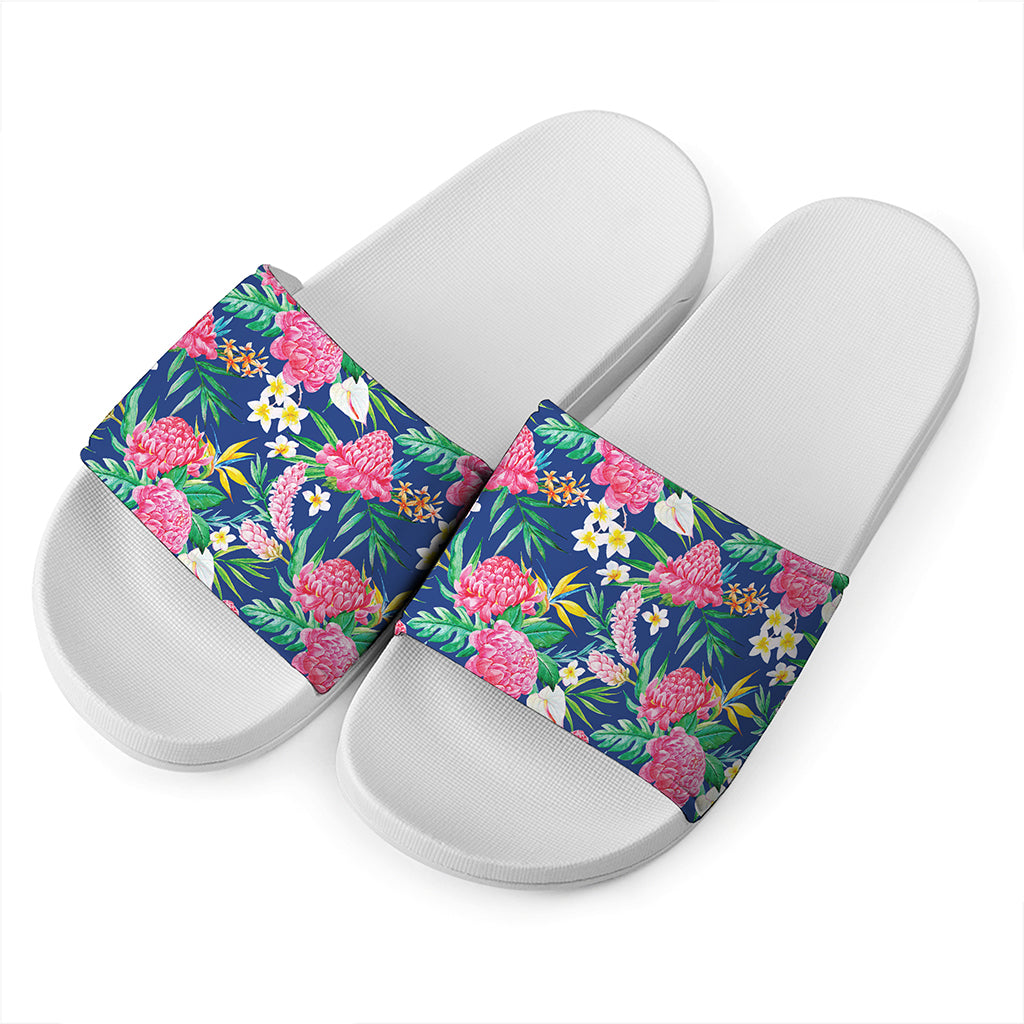 Watercolor Chrysanthemum Pattern Print White Slide Sandals