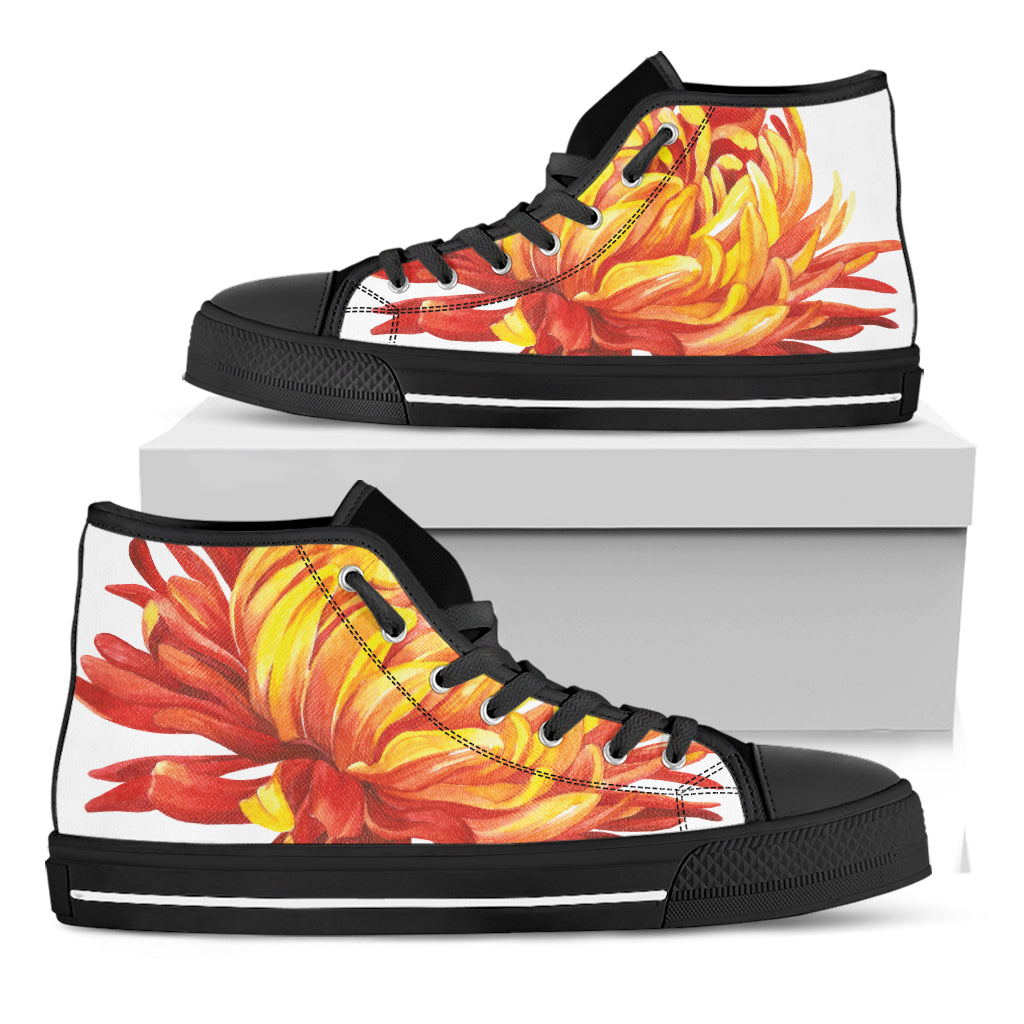 Watercolor Chrysanthemum Print Black High Top Shoes