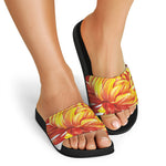 Watercolor Chrysanthemum Print Black Slide Sandals