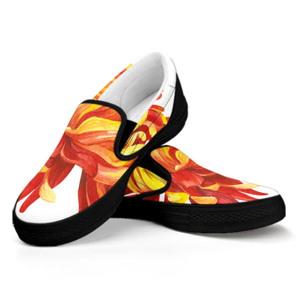 Watercolor Chrysanthemum Print Black Slip On Shoes