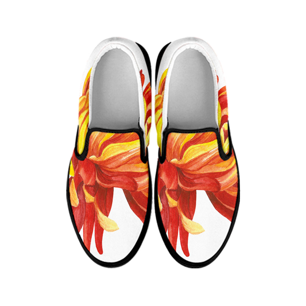 Watercolor Chrysanthemum Print Black Slip On Shoes