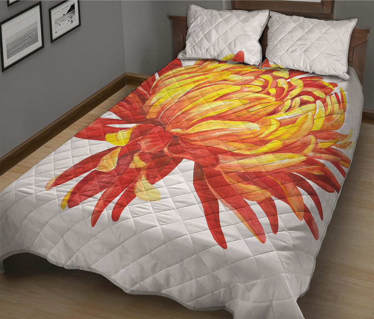 Watercolor Chrysanthemum Print Quilt Bed Set