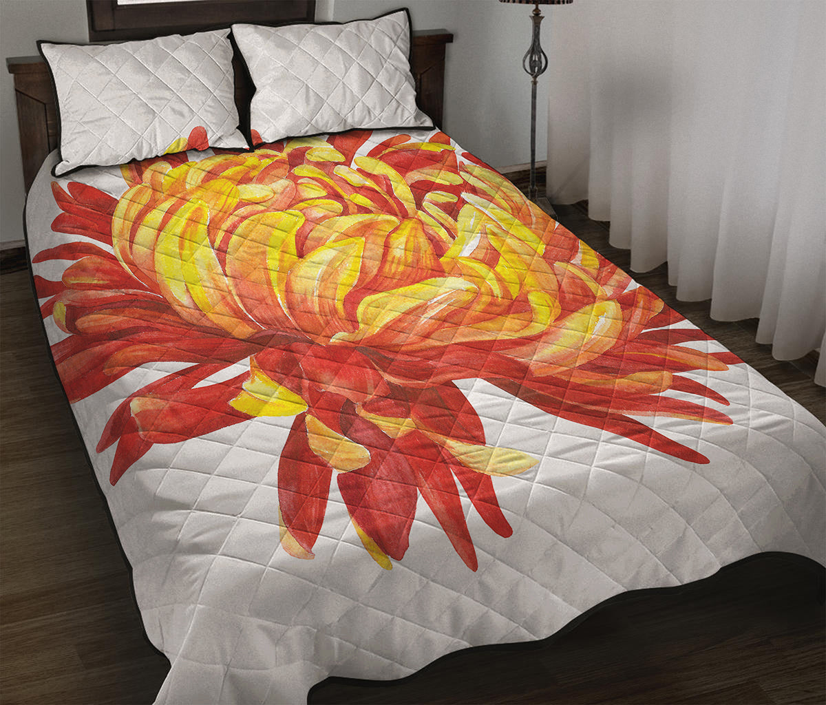 Watercolor Chrysanthemum Print Quilt Bed Set