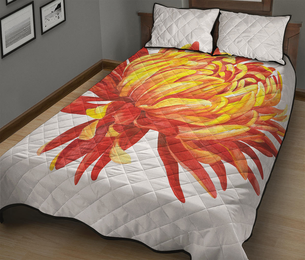 Watercolor Chrysanthemum Print Quilt Bed Set