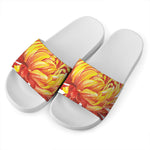 Watercolor Chrysanthemum Print White Slide Sandals