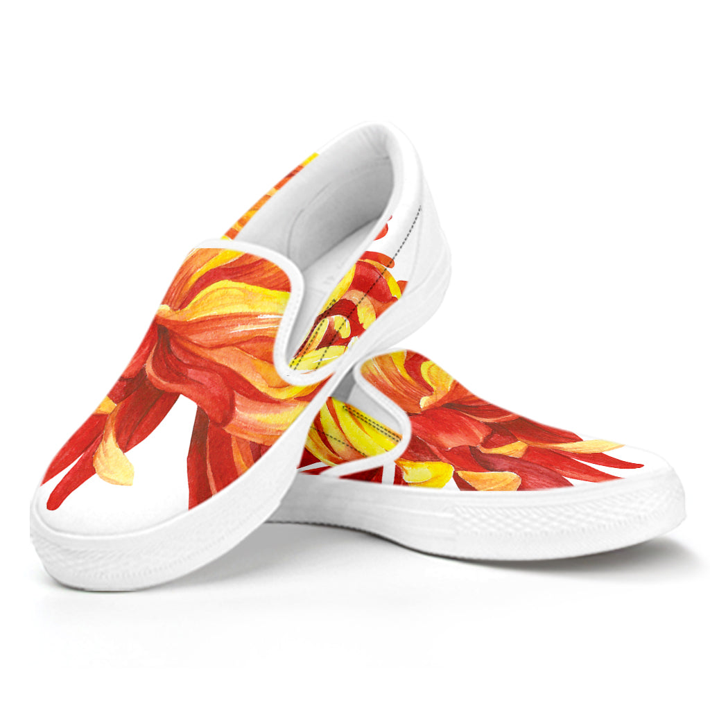 Watercolor Chrysanthemum Print White Slip On Shoes