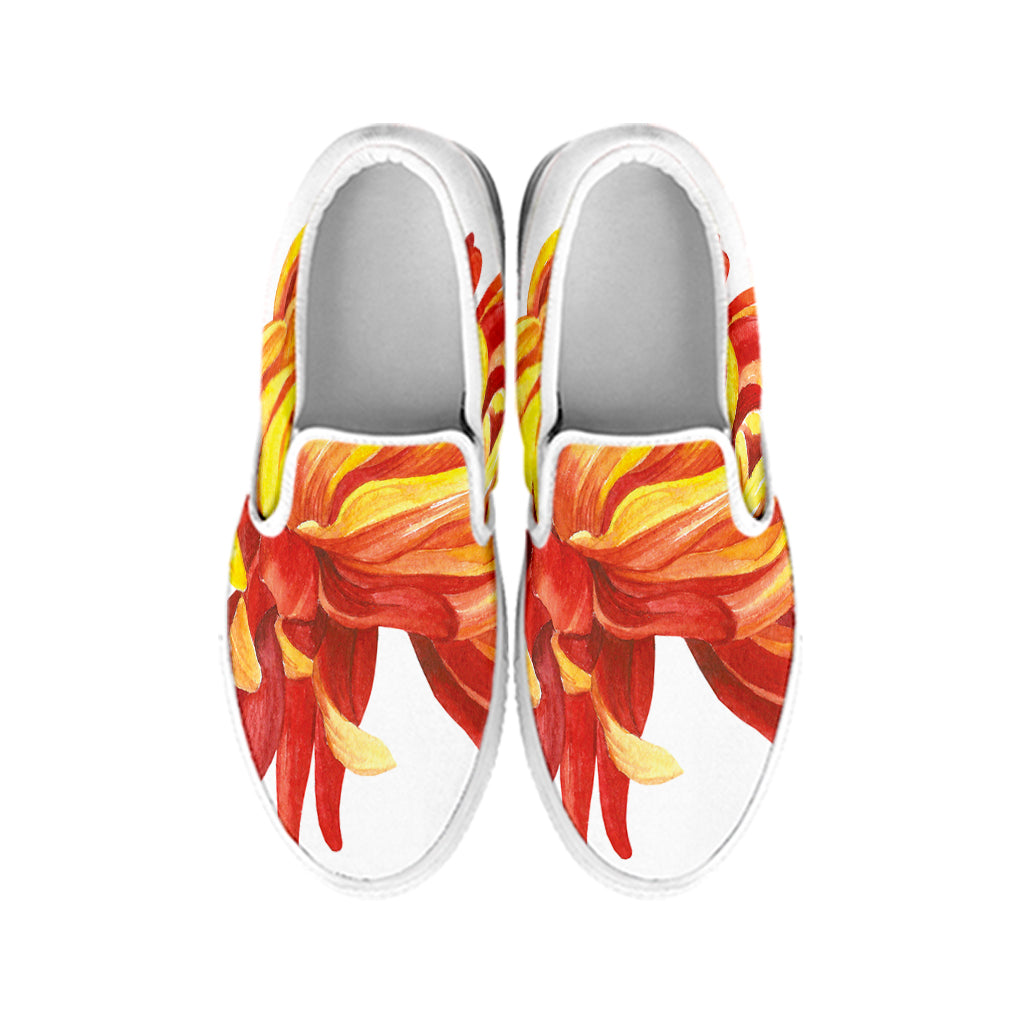 Watercolor Chrysanthemum Print White Slip On Shoes