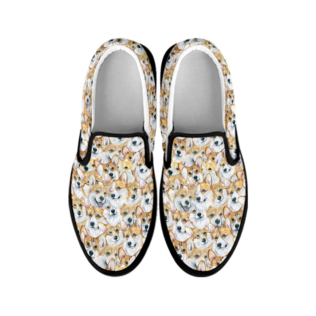 Watercolor Corgi Pattern Print Black Slip On Shoes
