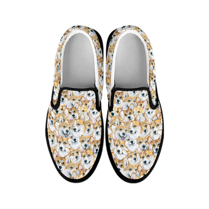 Watercolor Corgi Pattern Print Black Slip On Shoes