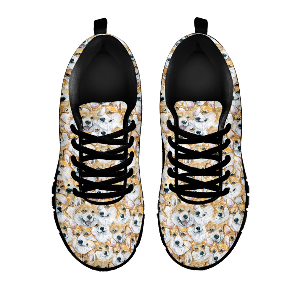 Watercolor Corgi Pattern Print Black Sneakers