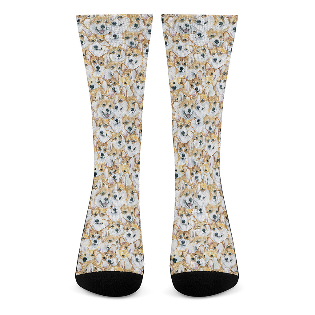Watercolor Corgi Pattern Print Crew Socks