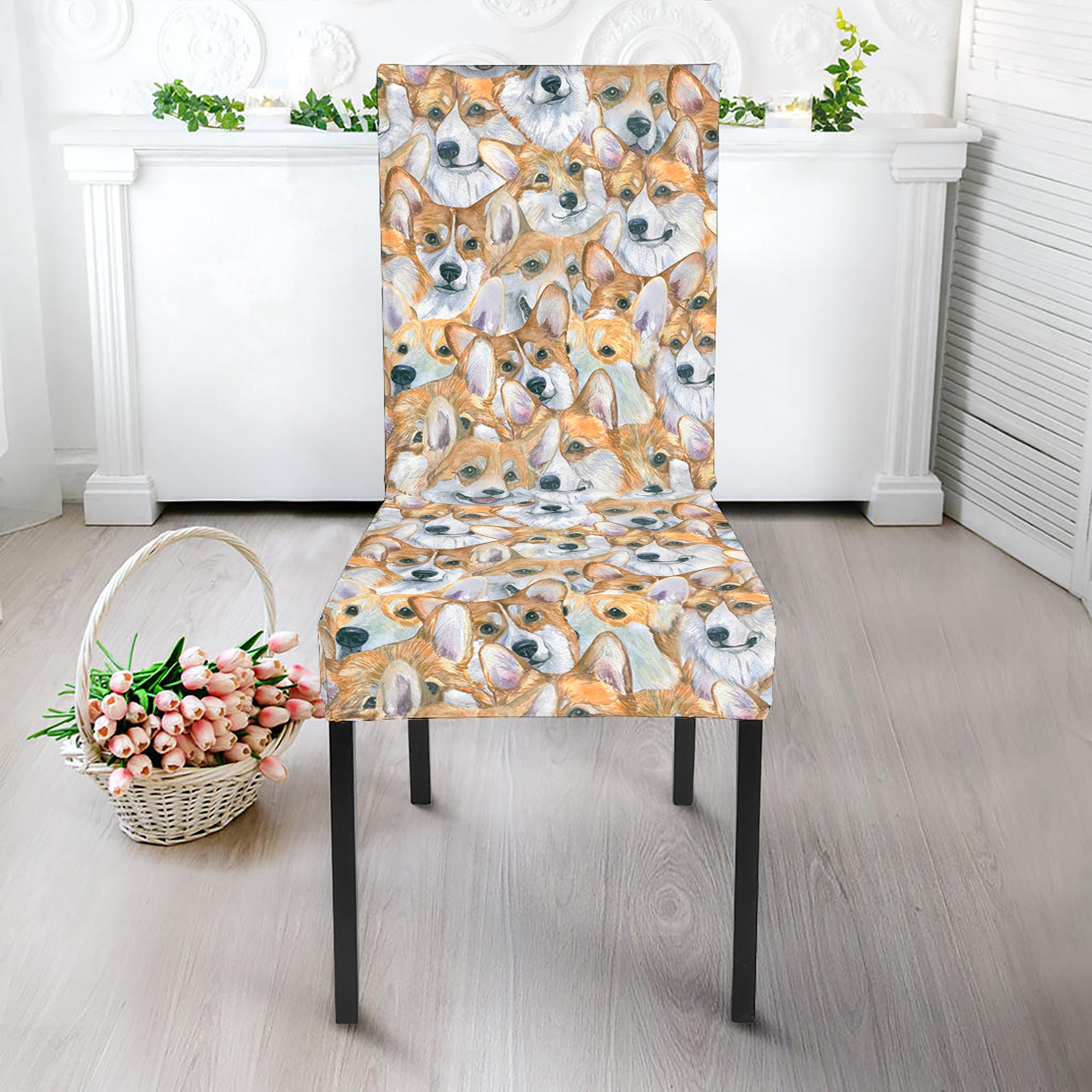 Watercolor Corgi Pattern Print Dining Chair Slipcover