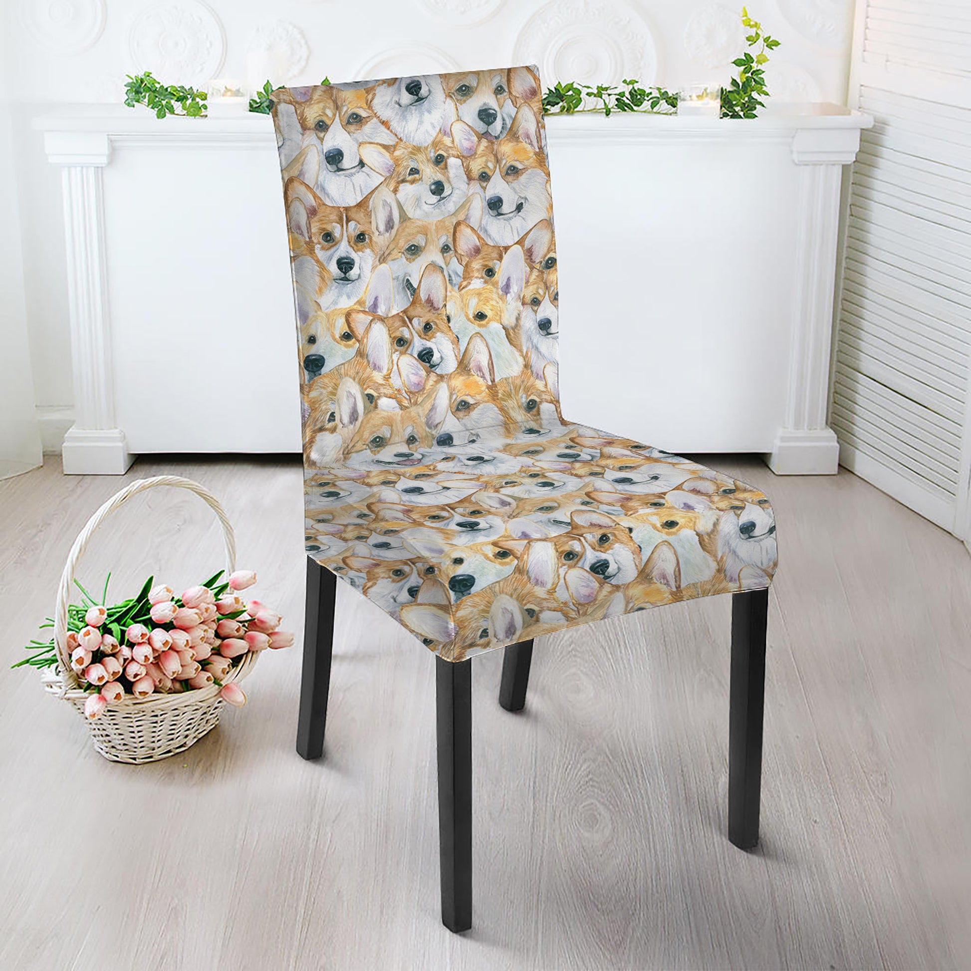 Watercolor Corgi Pattern Print Dining Chair Slipcover