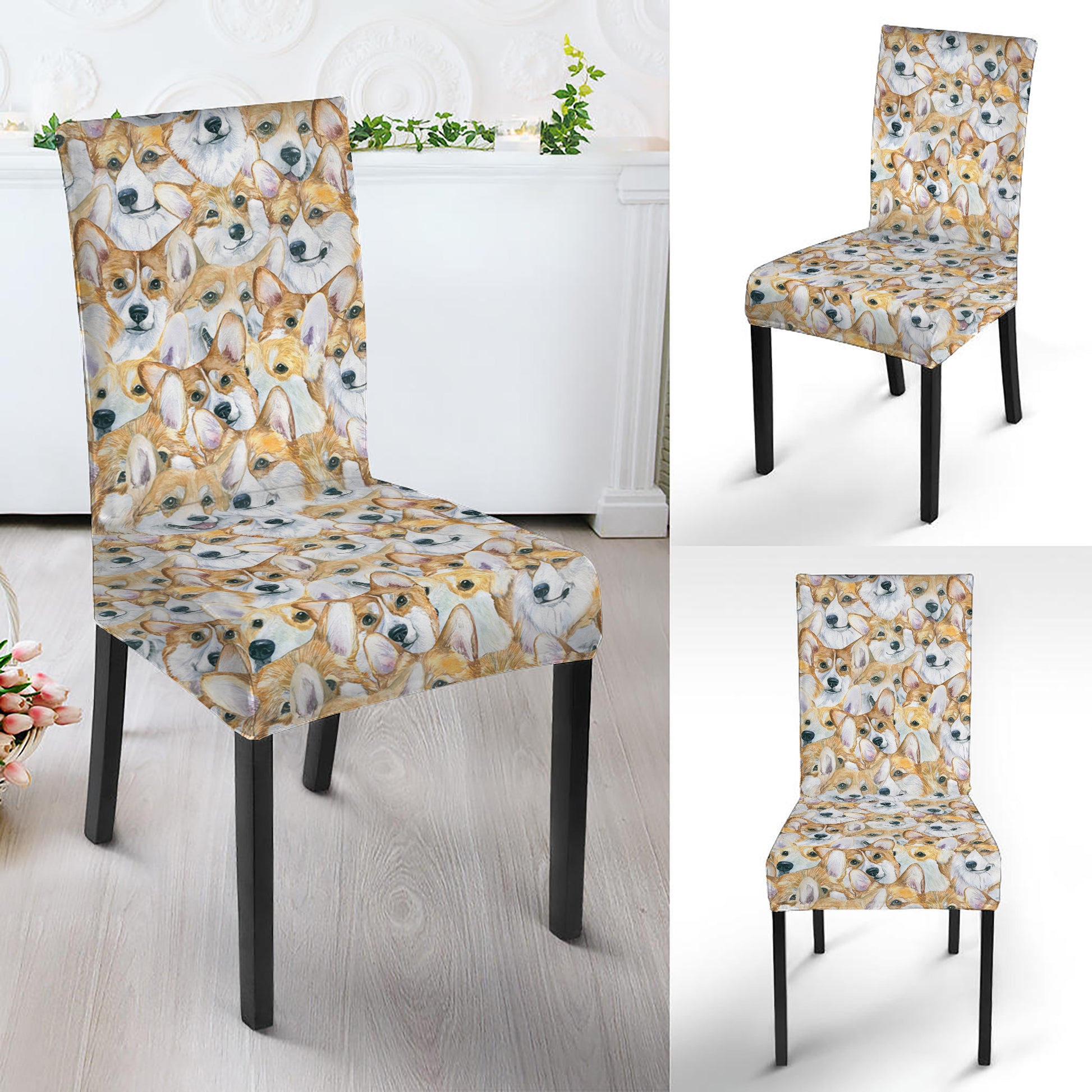 Watercolor Corgi Pattern Print Dining Chair Slipcover