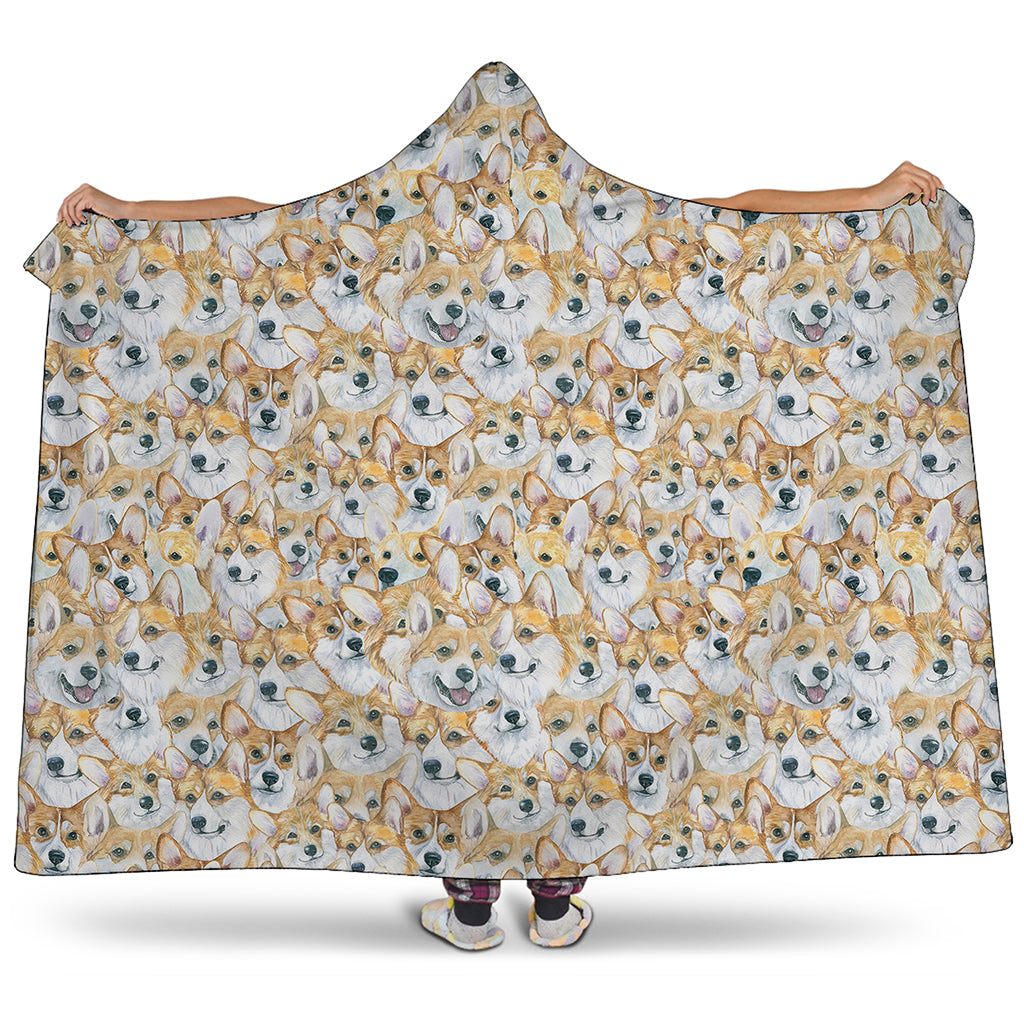 Watercolor Corgi Pattern Print Hooded Blanket