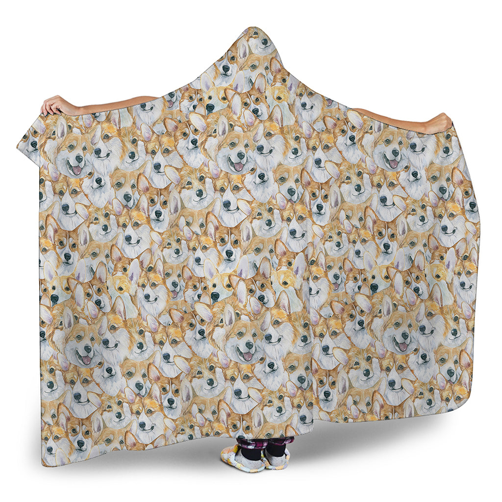 Watercolor Corgi Pattern Print Hooded Blanket