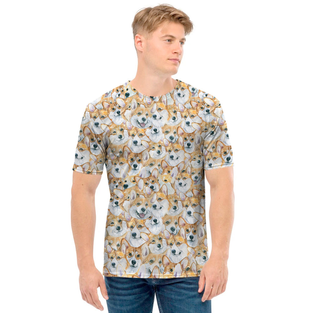 Watercolor Corgi Pattern Print Men's T-Shirt