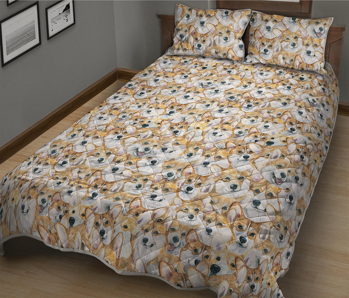 Watercolor Corgi Pattern Print Quilt Bed Set