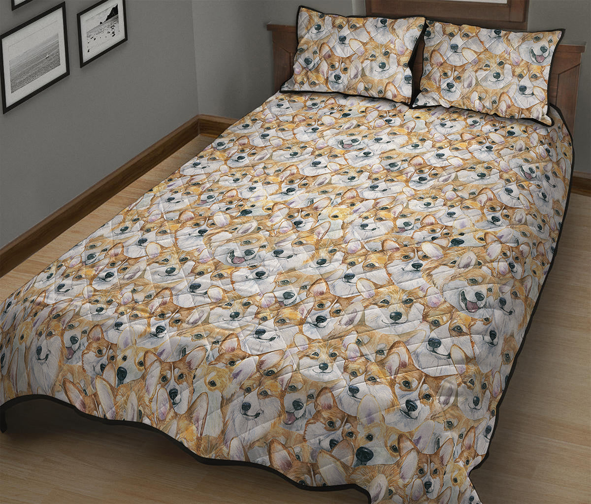 Watercolor Corgi Pattern Print Quilt Bed Set