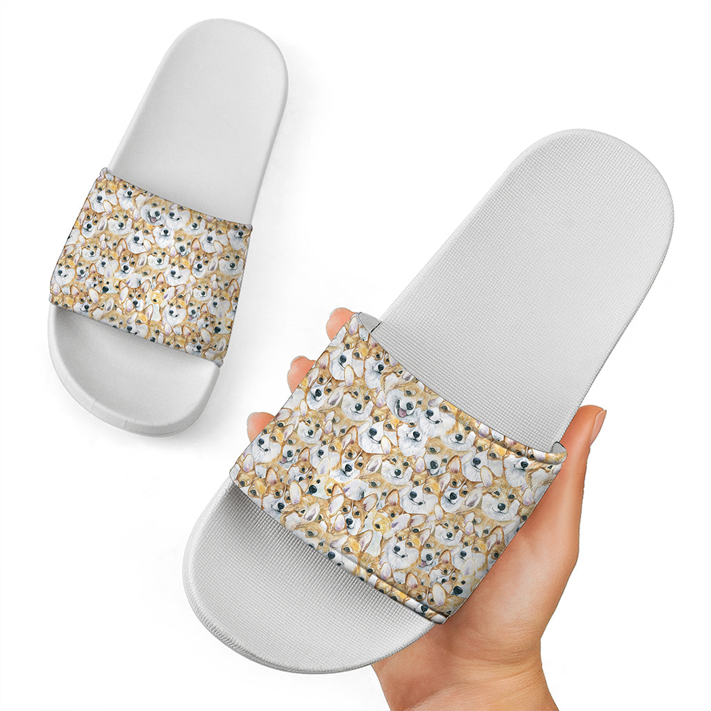 Watercolor Corgi Pattern Print White Slide Sandals