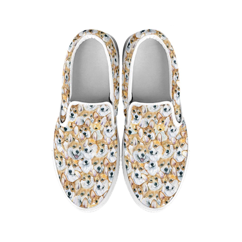 Watercolor Corgi Pattern Print White Slip On Shoes