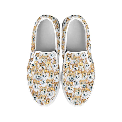 Watercolor Corgi Pattern Print White Slip On Shoes