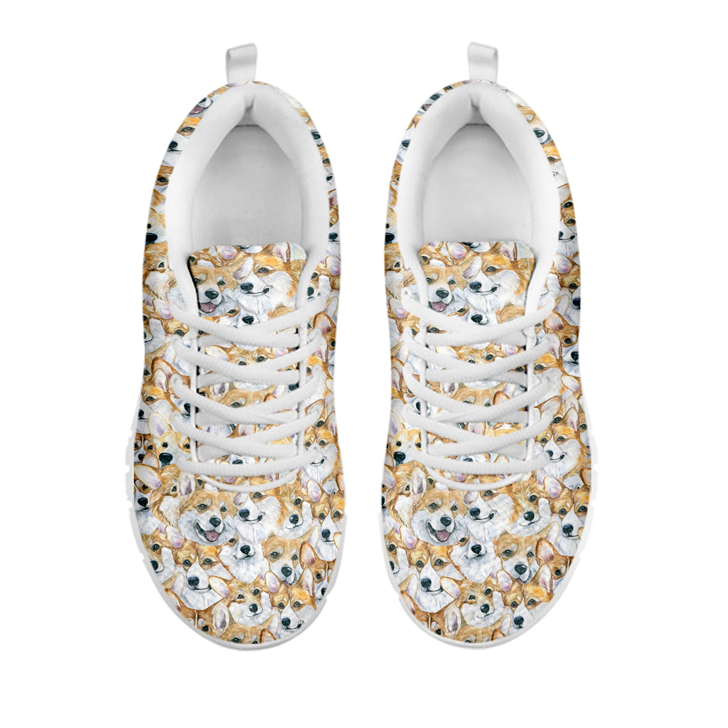 Watercolor Corgi Pattern Print White Sneakers