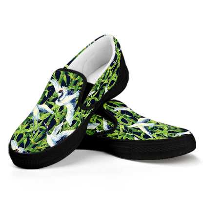 Watercolor Crane Bird Pattern Print Black Slip On Shoes