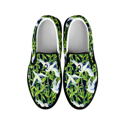 Watercolor Crane Bird Pattern Print Black Slip On Shoes