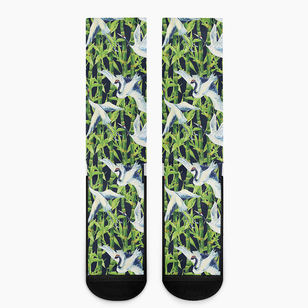 Watercolor Crane Bird Pattern Print Crew Socks