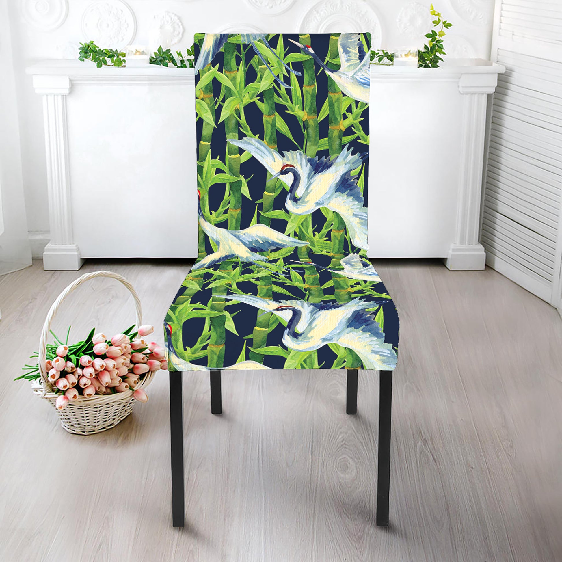 Watercolor Crane Bird Pattern Print Dining Chair Slipcover