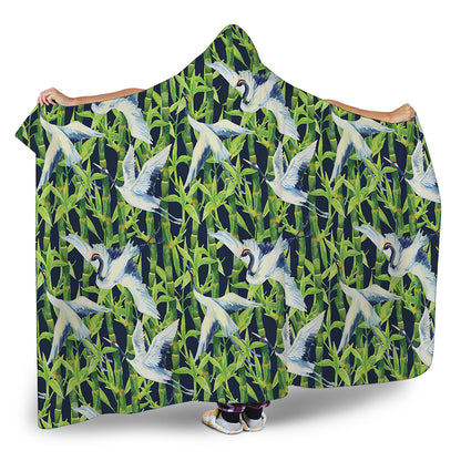 Watercolor Crane Bird Pattern Print Hooded Blanket