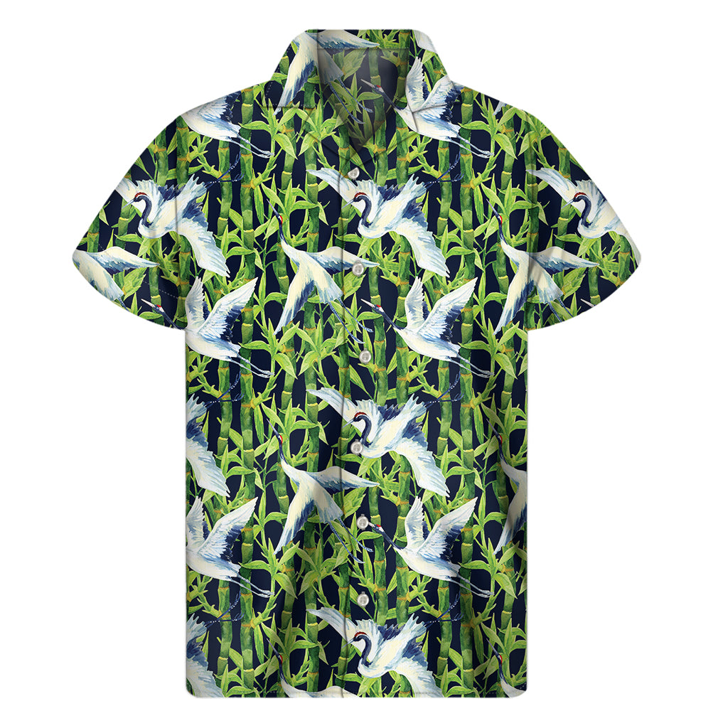 Watercolor Crane Bird Pattern Print Men's Short Sleeve Shirt