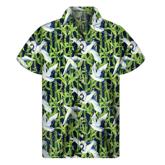 Watercolor Crane Bird Pattern Print Men's Short Sleeve Shirt