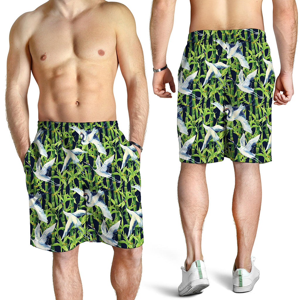 Watercolor Crane Bird Pattern Print Men's Shorts