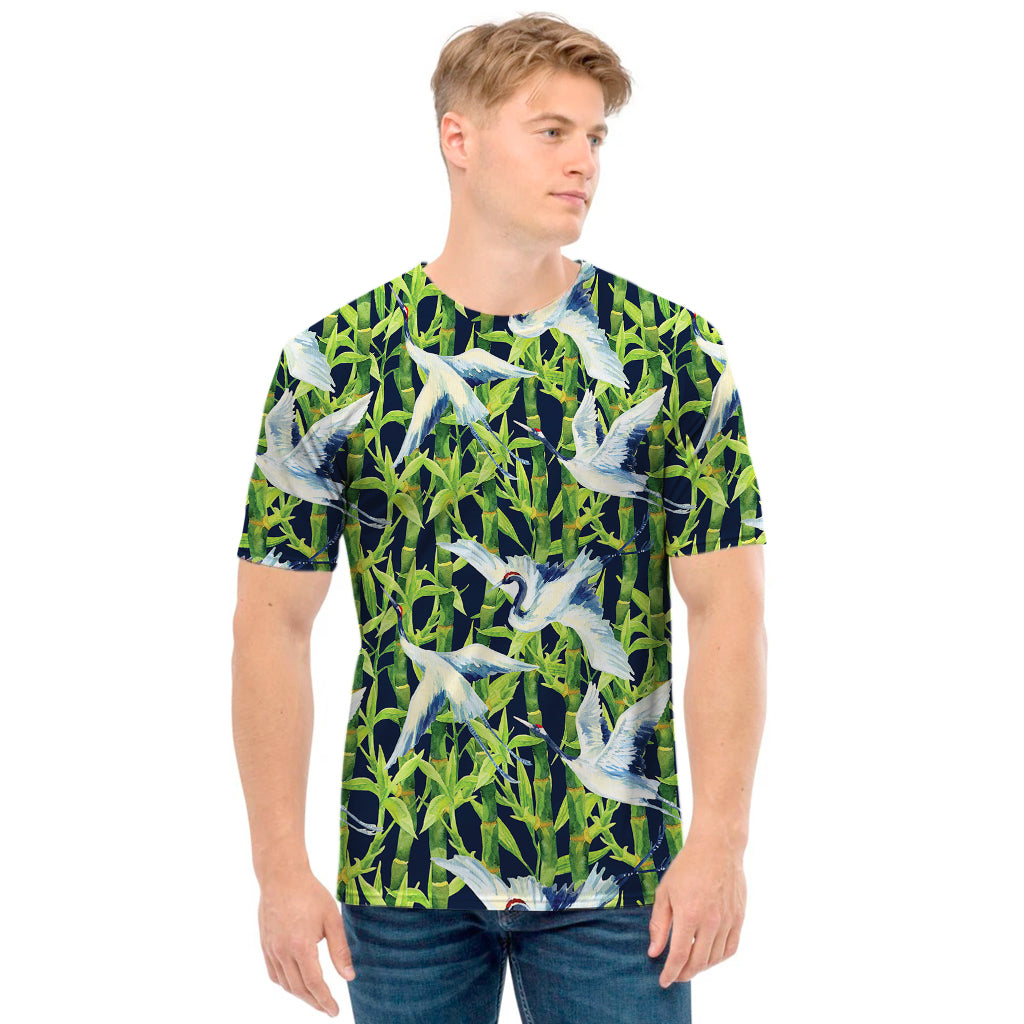 Watercolor Crane Bird Pattern Print Men's T-Shirt