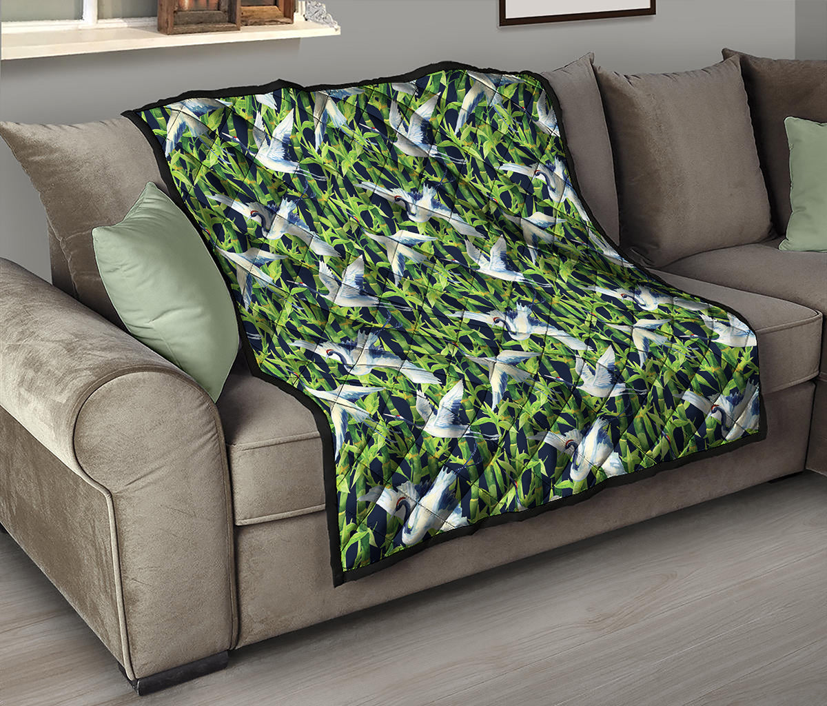 Watercolor Crane Bird Pattern Print Quilt