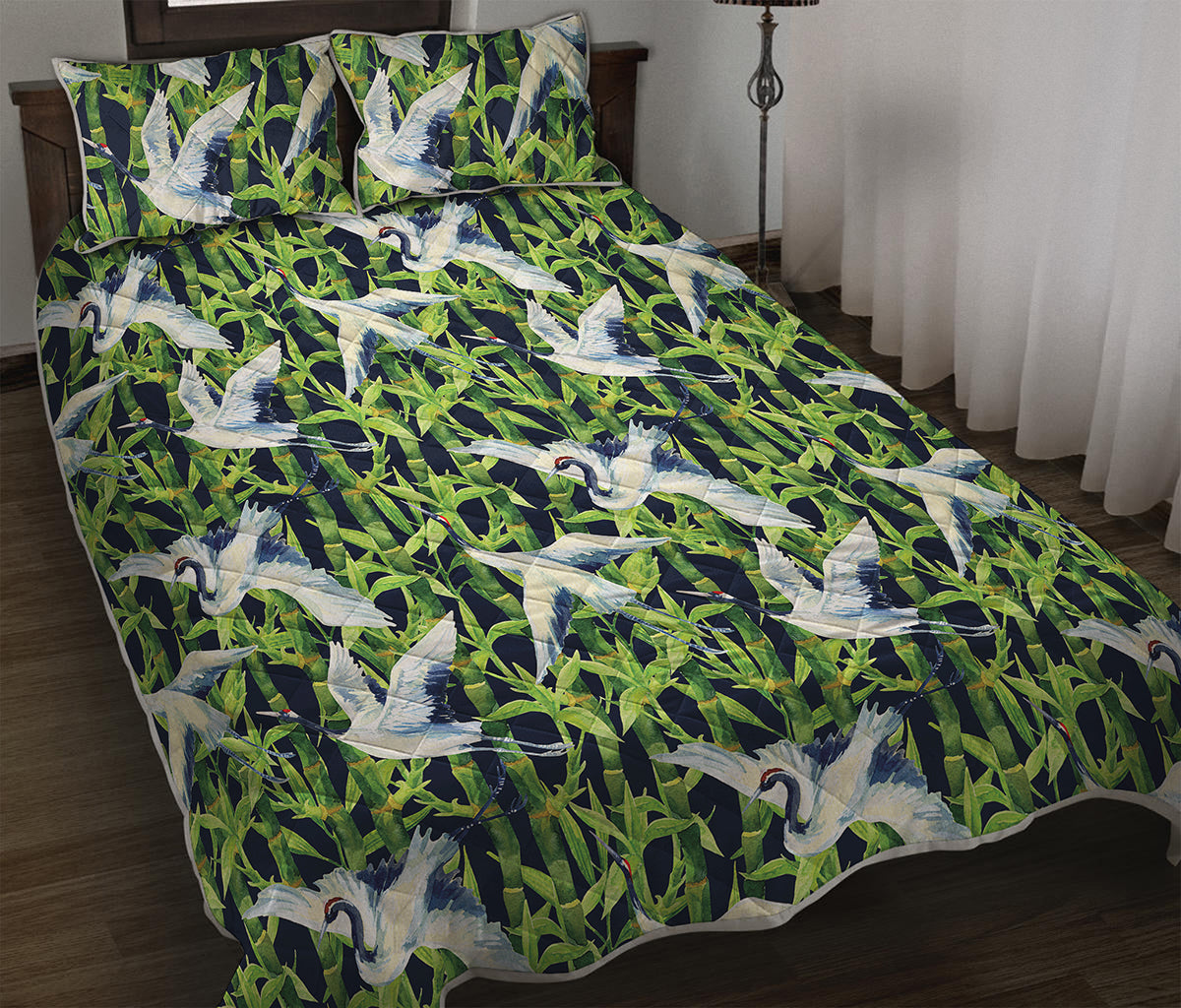 Watercolor Crane Bird Pattern Print Quilt Bed Set