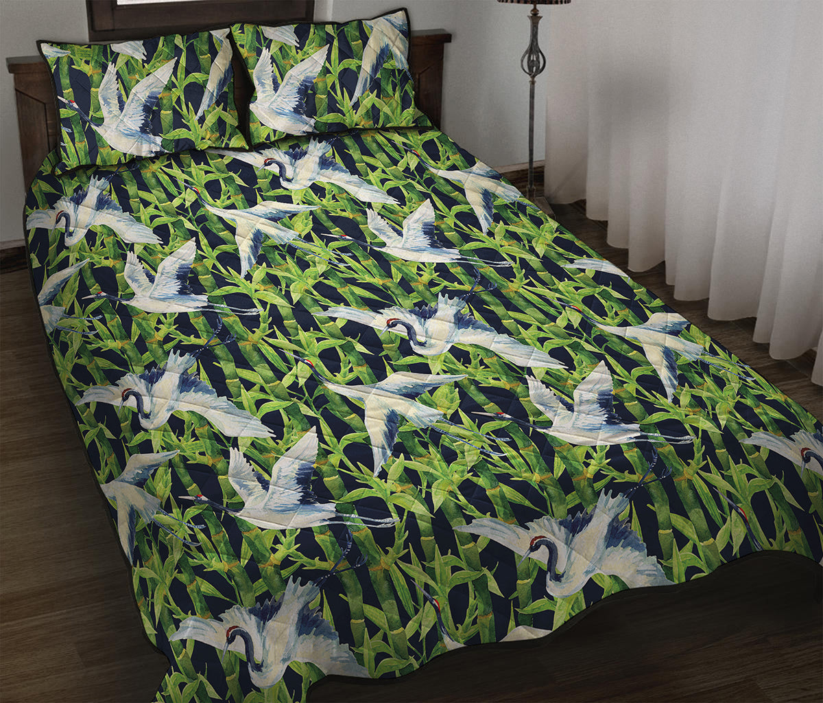 Watercolor Crane Bird Pattern Print Quilt Bed Set
