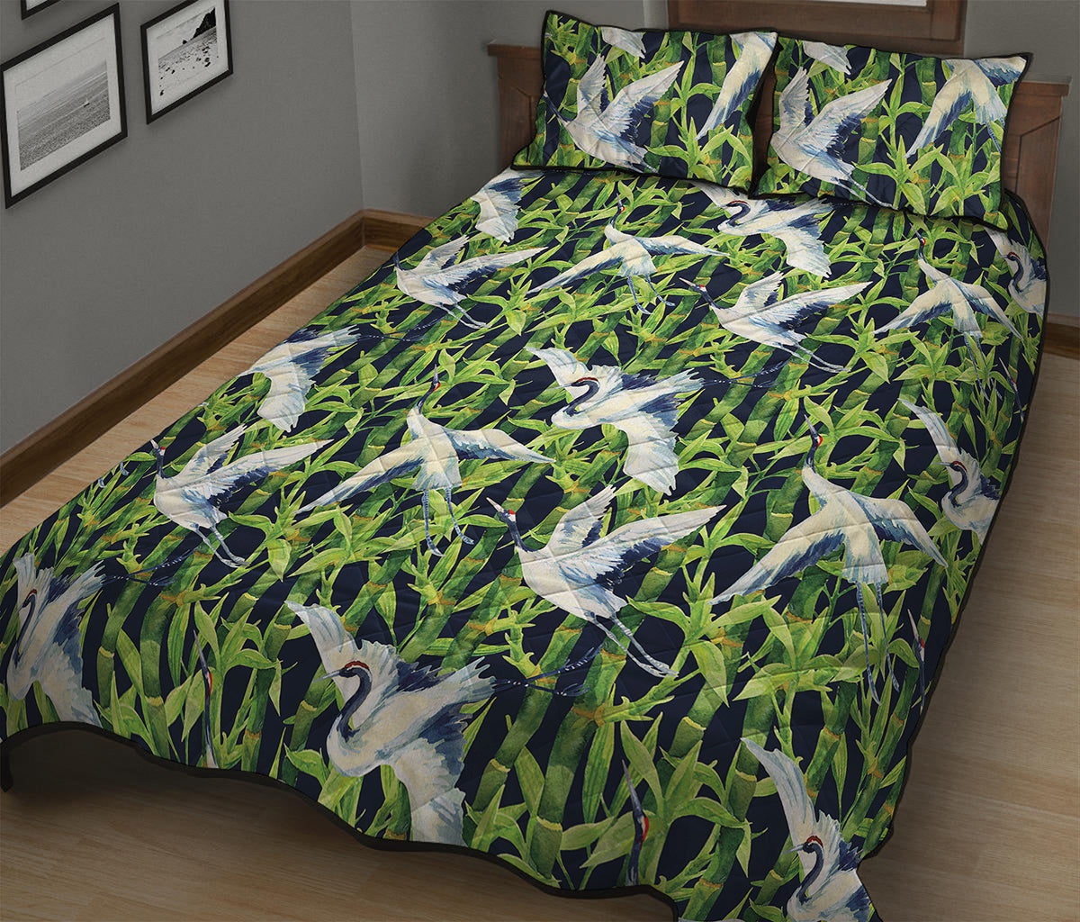 Watercolor Crane Bird Pattern Print Quilt Bed Set