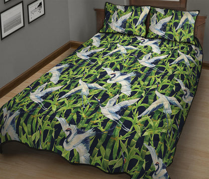 Watercolor Crane Bird Pattern Print Quilt Bed Set