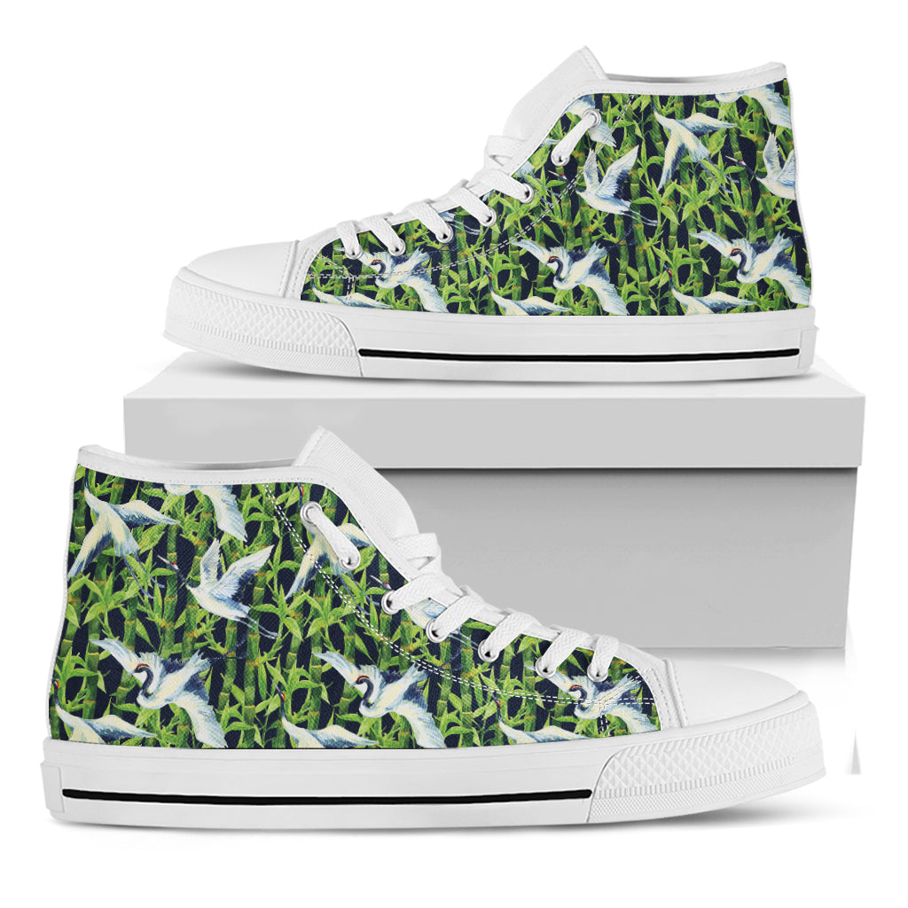 Watercolor Crane Bird Pattern Print White High Top Shoes
