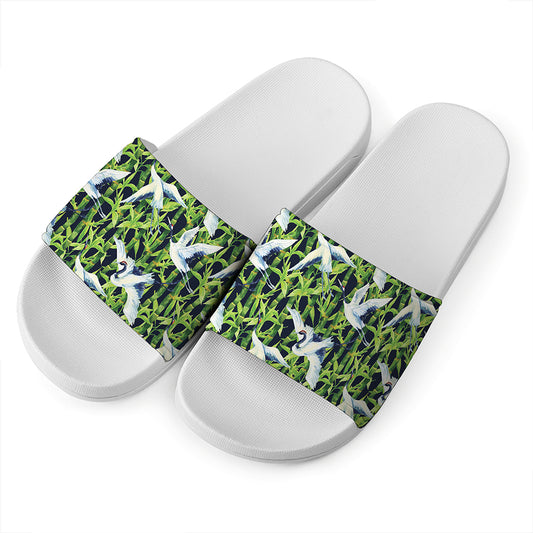 Watercolor Crane Bird Pattern Print White Slide Sandals