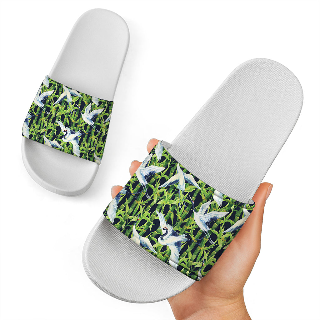 Watercolor Crane Bird Pattern Print White Slide Sandals