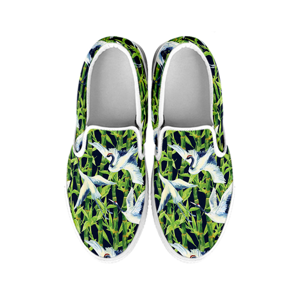 Watercolor Crane Bird Pattern Print White Slip On Shoes