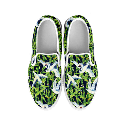 Watercolor Crane Bird Pattern Print White Slip On Shoes